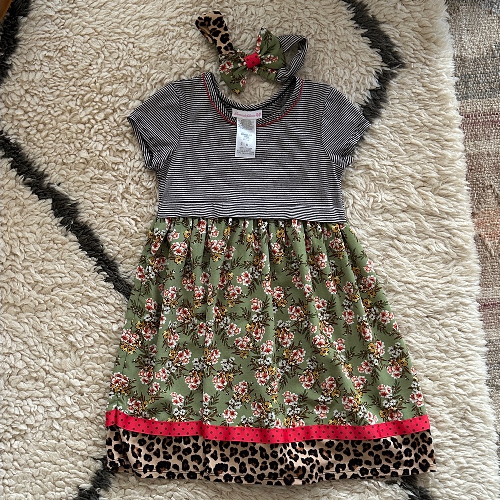 Bonnie Jean Green Floral and Black Striped Dress